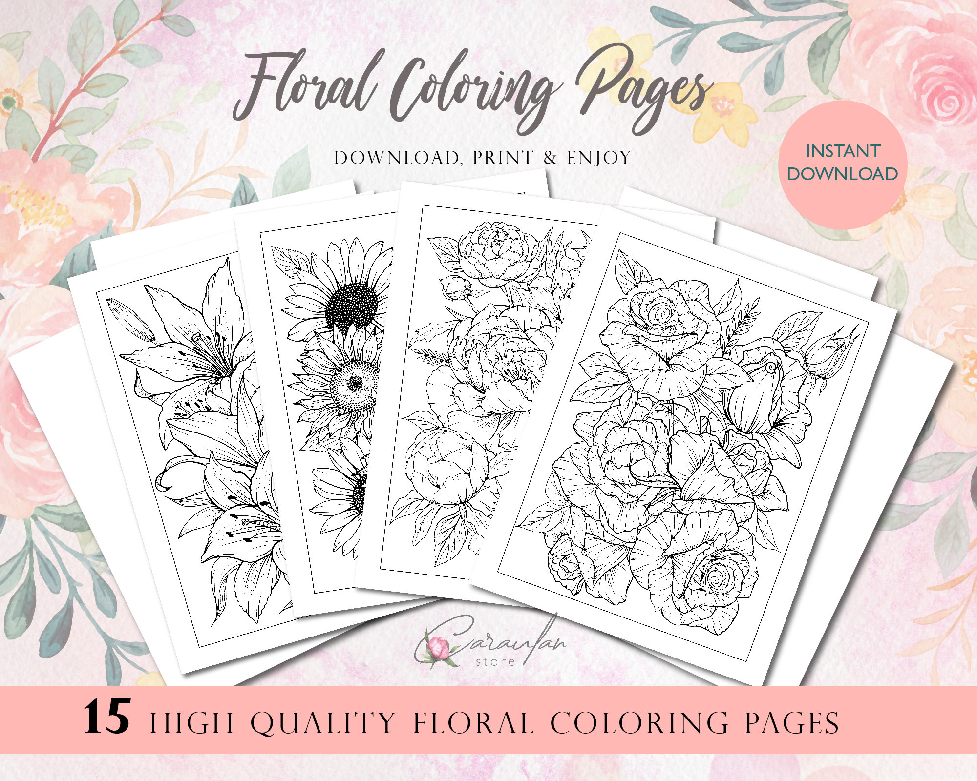 Flower coloring pages for adults printable adult coloring pages floral coloring book for adults digital coloring at home home activity