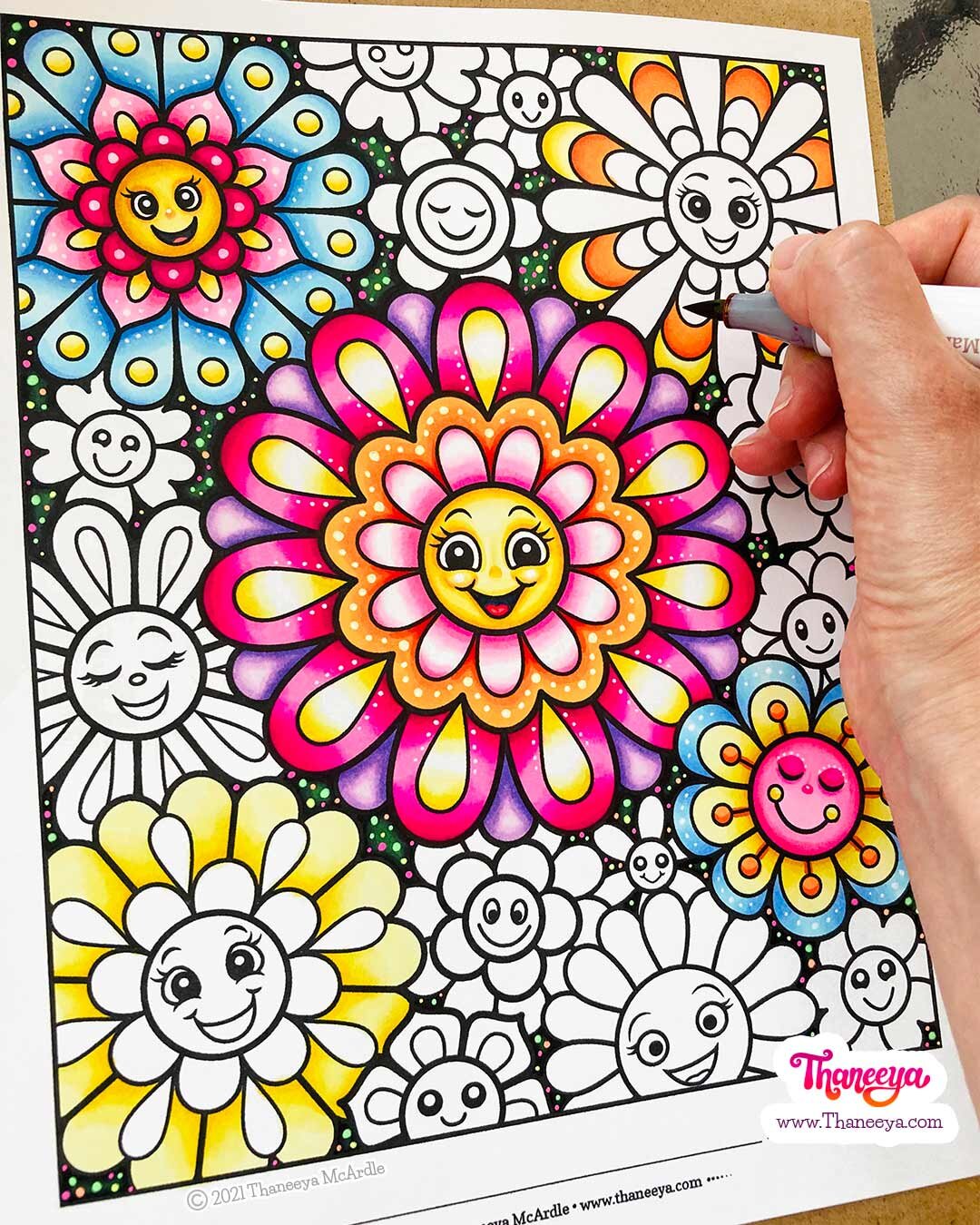 Happy flowers coloring pages