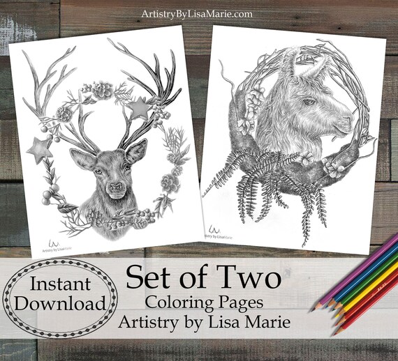 Llama stag deer digital download coloring pages for adults grayscale on anti stress craft paper craft kit for adults