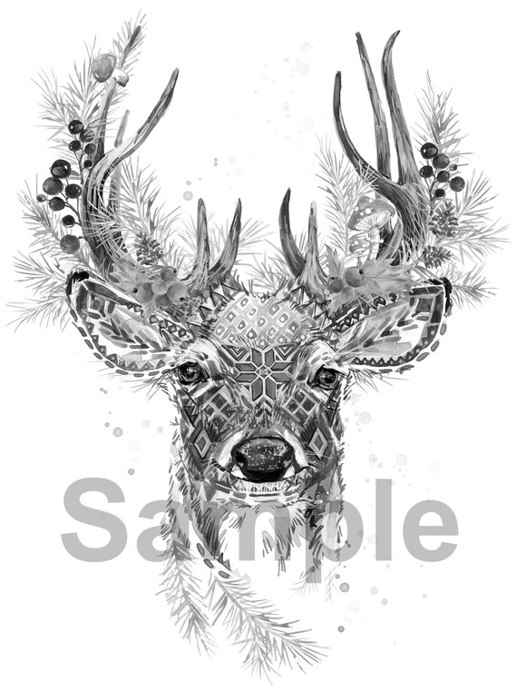 Christmas grayscale coloring page deer high resolution printable single coloring page with color guide