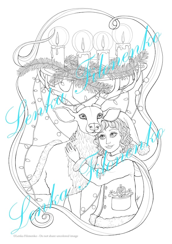 Coloring page for adults christmas girl with deer line art pdf download and print
