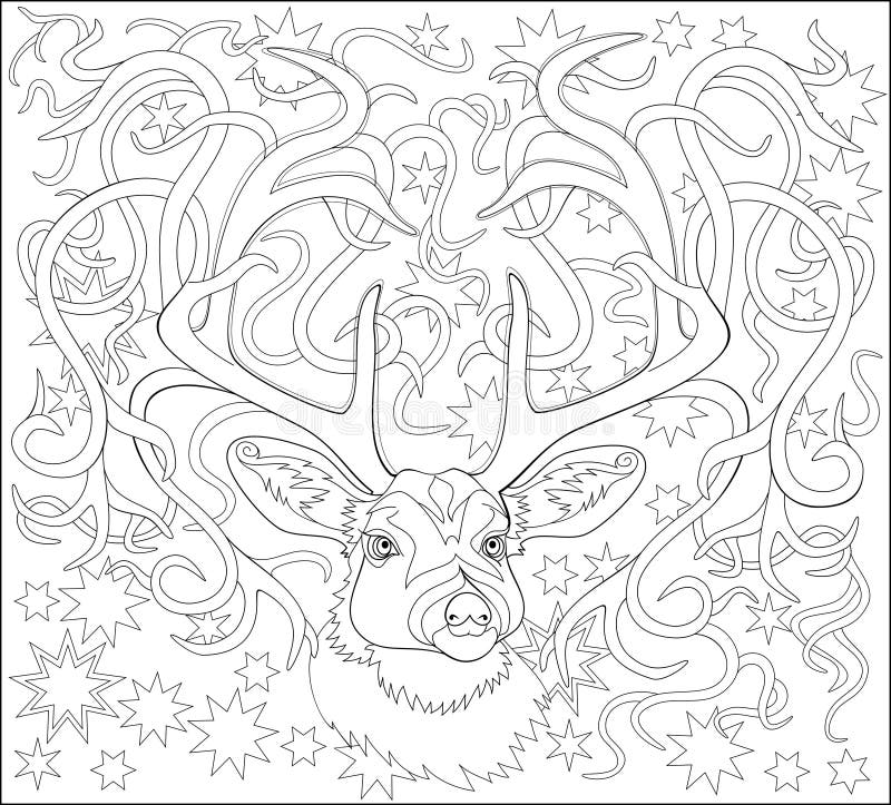 Black and white page for coloring fantasy drawing of deer worksheet for children and adults stock vector