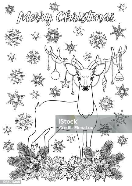 Merry christmas greeting coloring page with deer stock illustration