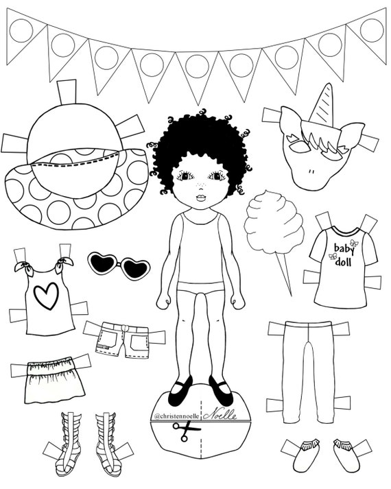 Color me printable black and white paper dolls hand drawn clothing accessories kids fashion party favors