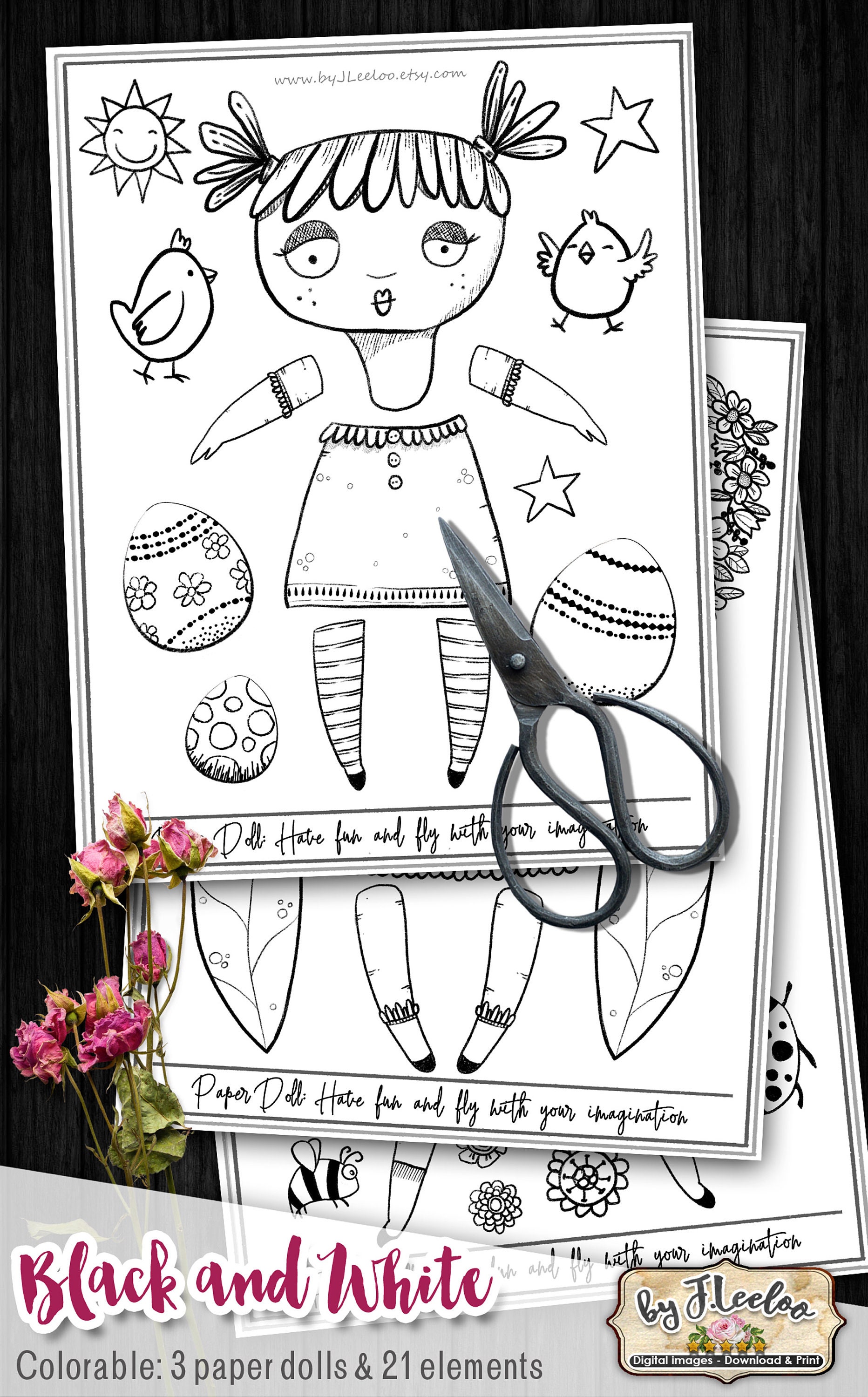 Black and white paper dolls coloring articulated altered art easter digital collage sheet for journal page scrapbook diary art pp