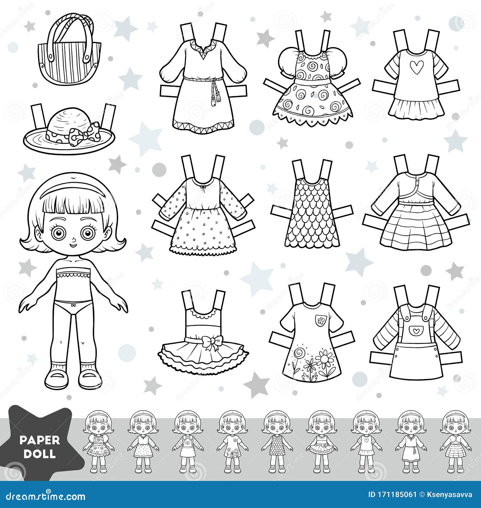 Black and white cartoon set cute paper doll and set of summer clothes stock vector