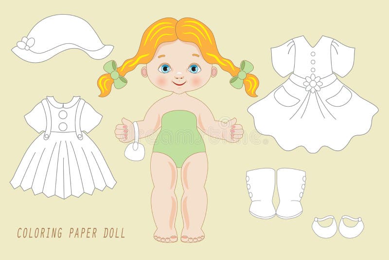 Illustration of coloring paper doll with clothes stock vector