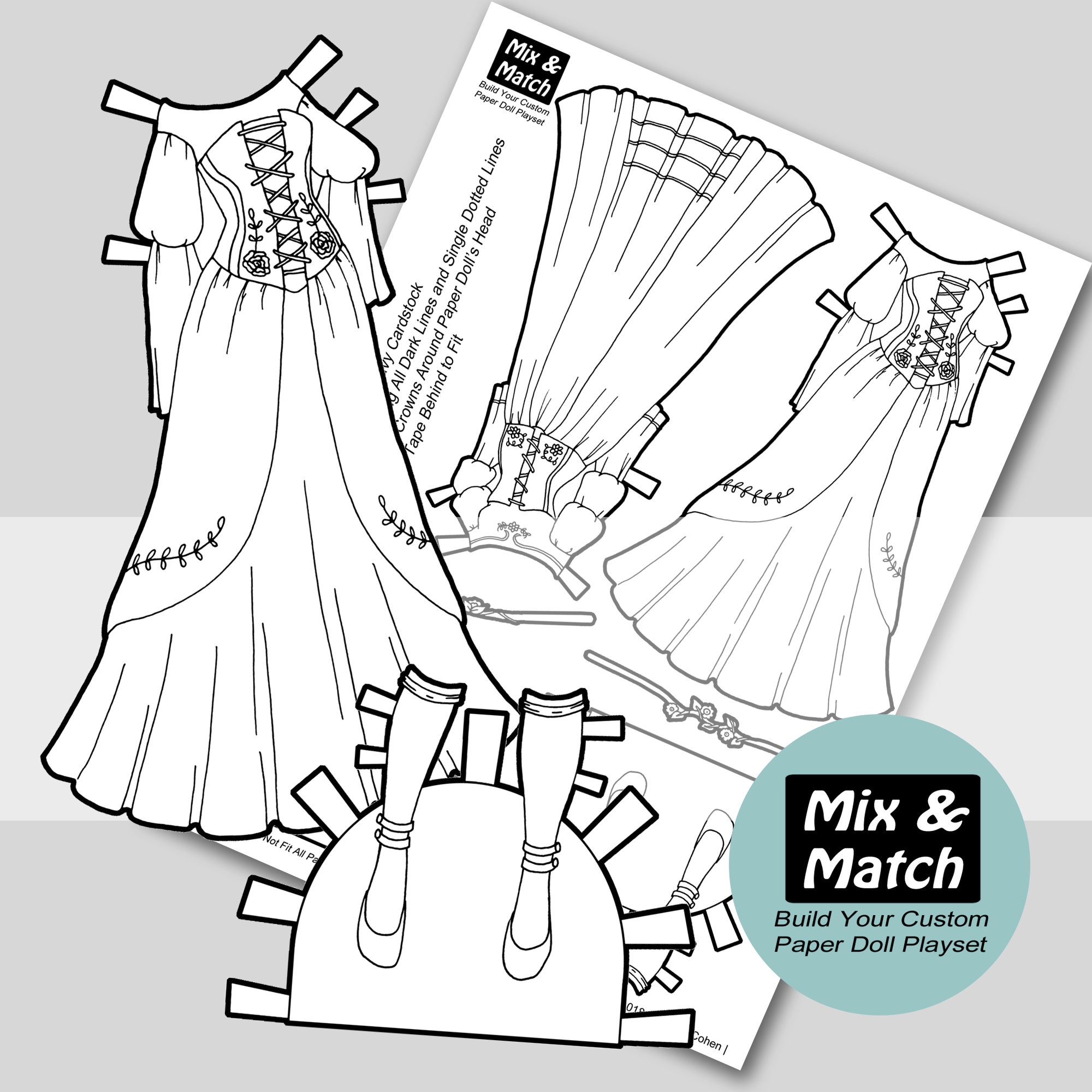 Fairy tale princess gowns coloring page mix match digital paper doll download printable paper doll clothing paper doll to color