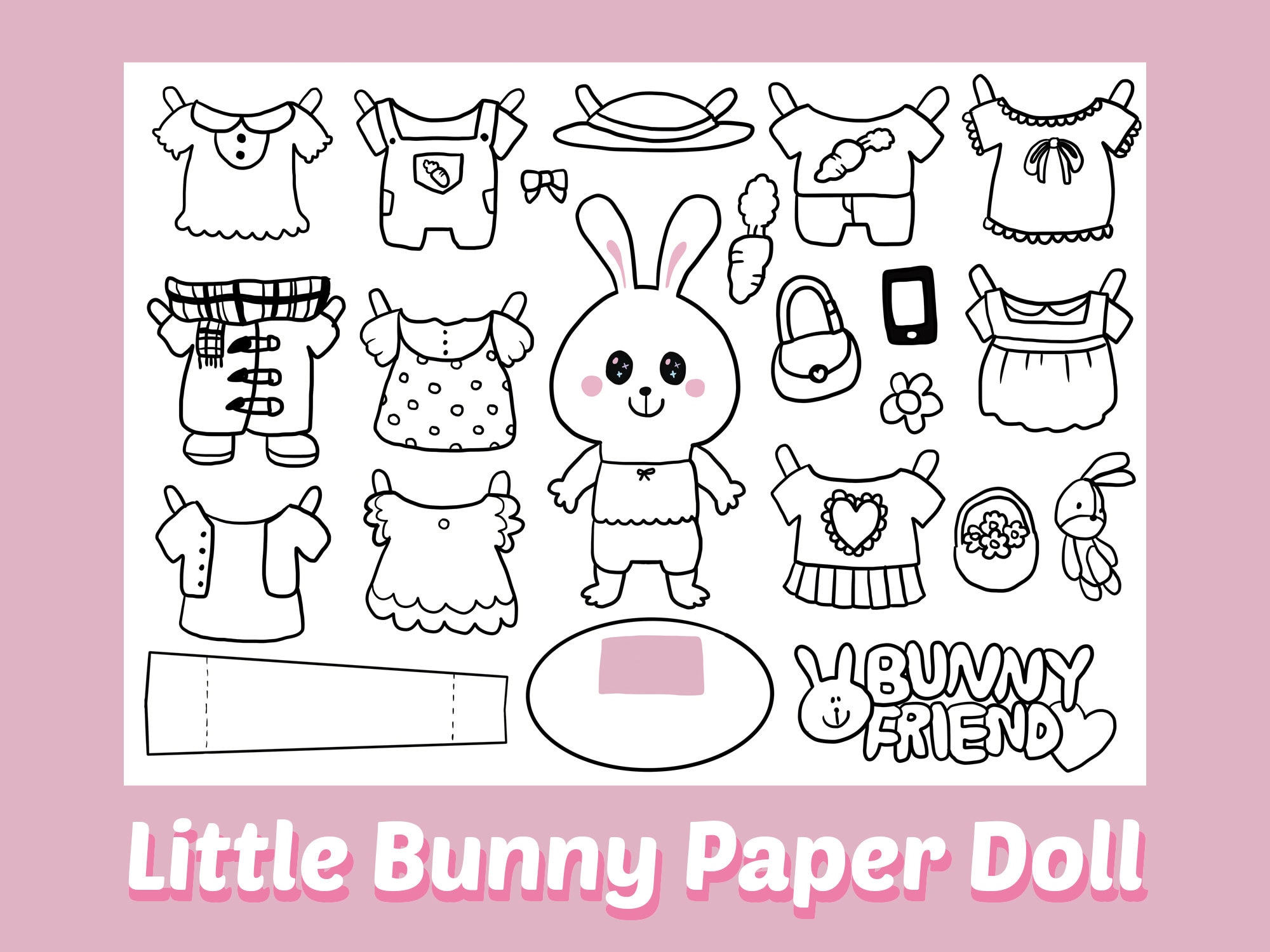 Cute bunny printable paper dolldigital downloadcoloring paper doll pdf paper toysfun activitiesactivity sheetprintable coloring page instant download