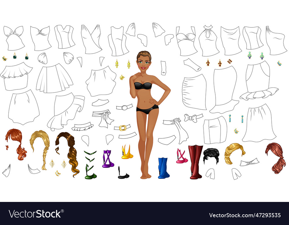 Cocktail dress design coloring page paper doll vector image