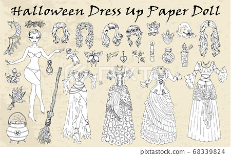 Set of dress up paper doll with halloween