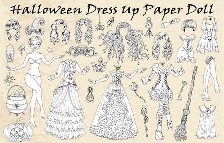 Set of dress up paper doll with halloween witch clothes pumpkin broom pot hand drawn vector illustration for games coloring page with body template haircut and costumes to cut out