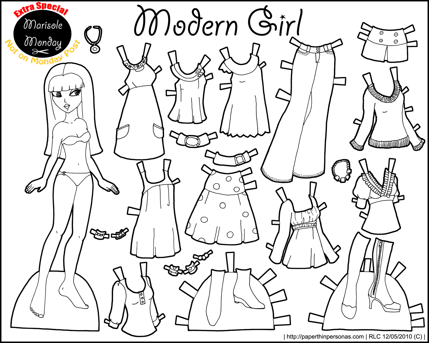 Black and white printable paper doll â modern girl