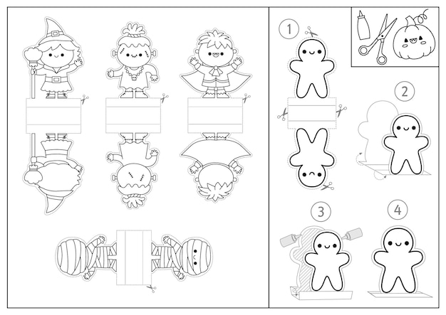 Premium vector vector black and white halloween paper dolls set cute finger puppets or chips with witch vampire monster autumn or fall holiday cut out craft cards simple printable game or