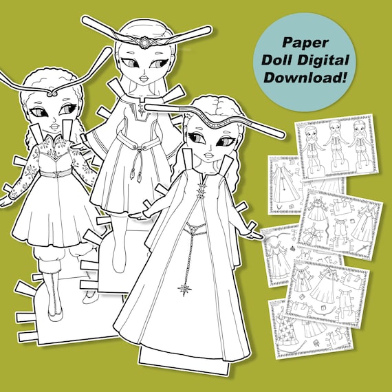 Fantasy printable paper doll paper doll coloring pages for kids paper dolls black and white princess coloring book pdf instant download