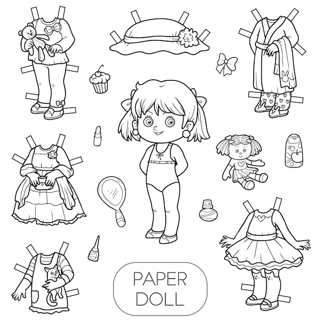 Premium vector black and white vector set cute paper doll and clothes