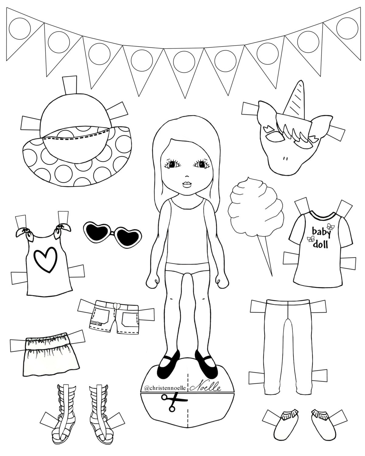 Color me printable black and white paper dolls hand drawn clothing accessories kids fashion party favors