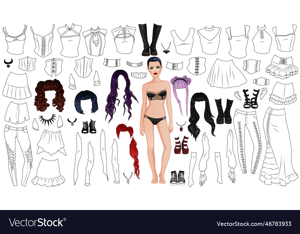 Goth girl coloring page paper doll royalty free vector image