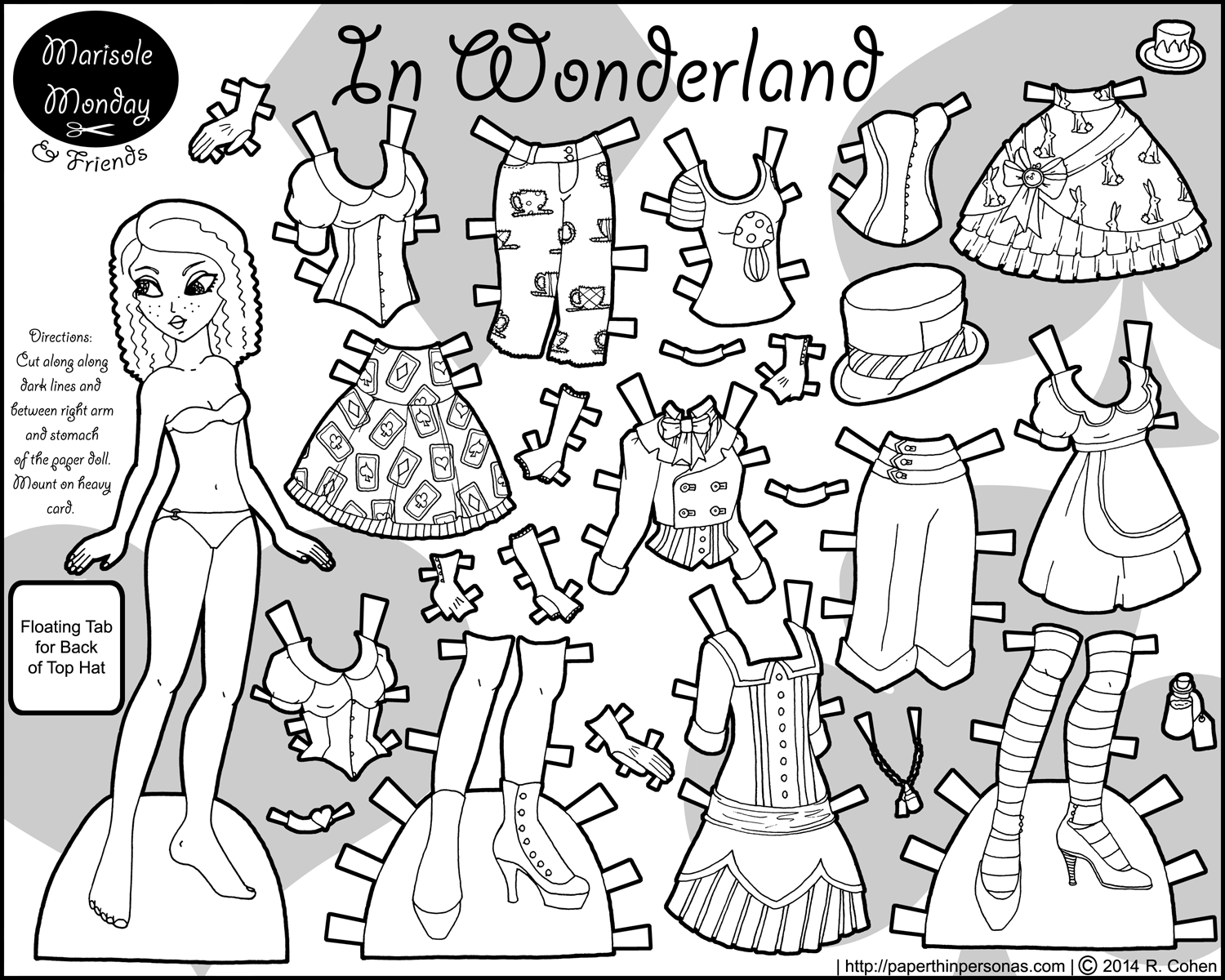 An alice in wonderland paper doll coloring page