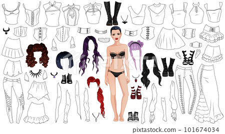 Goth girl coloring page paper doll with female