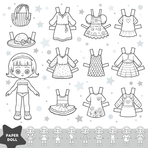 Premium vector black and white cartoon set cute paper doll and set of summer clothes