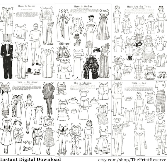 Paper doll family coloring pages printable instant digital download