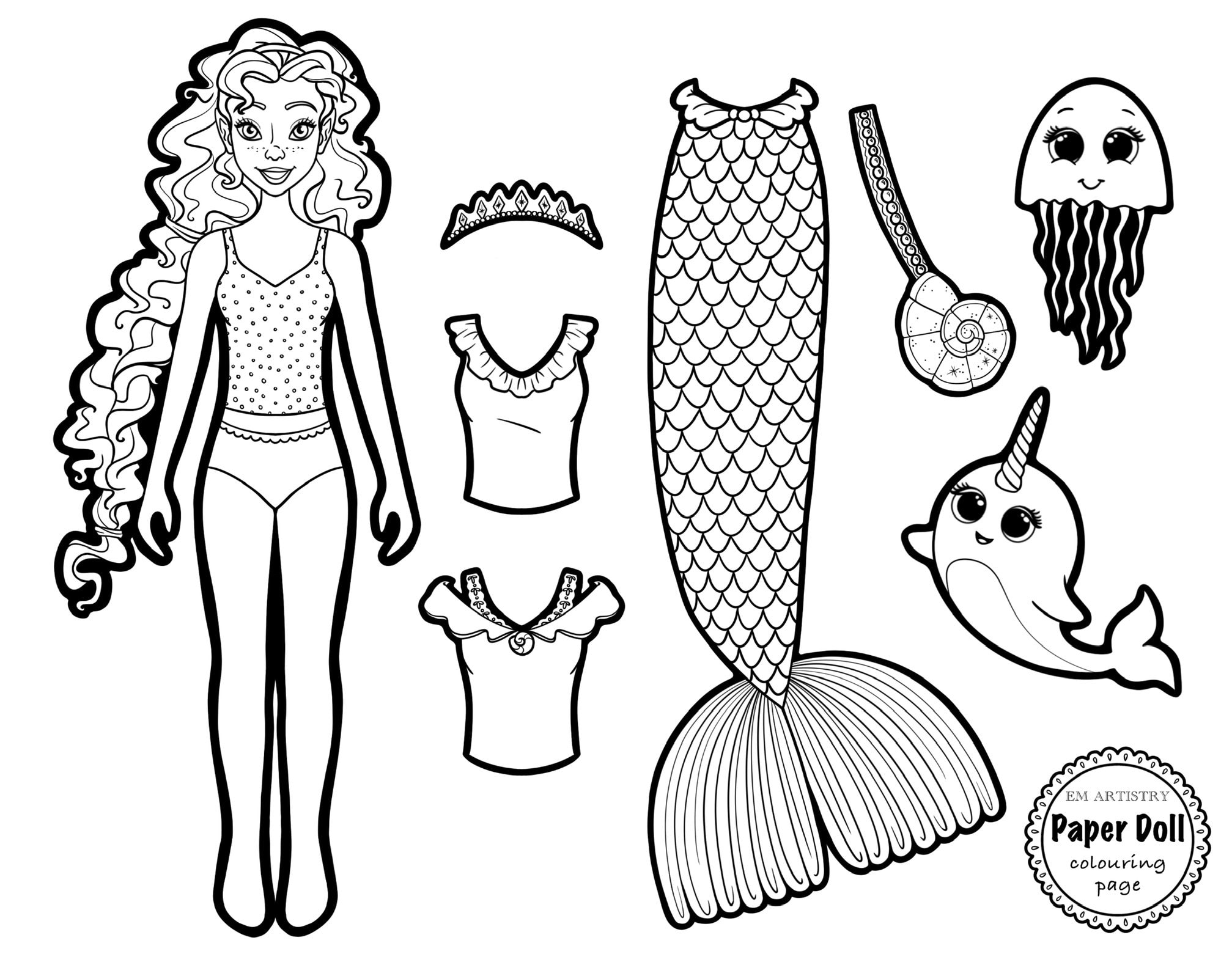 Mermaid paper doll paper dolls printable colouring pages fairy dress mermaid birthday invitation party favors