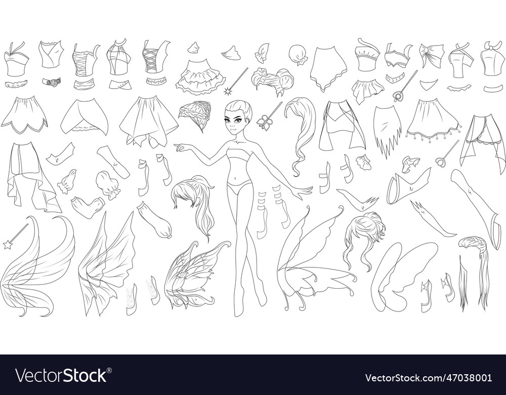 Fairy creature coloring page paper doll royalty free vector