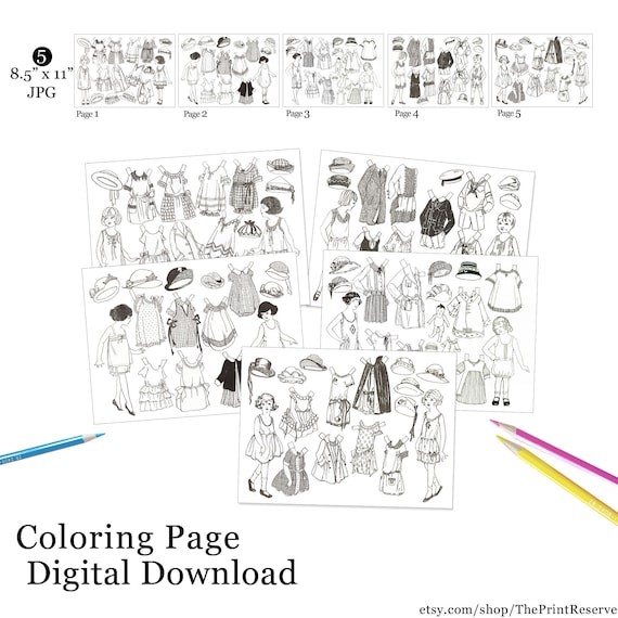 Paper doll coloring pages printable instant digital download