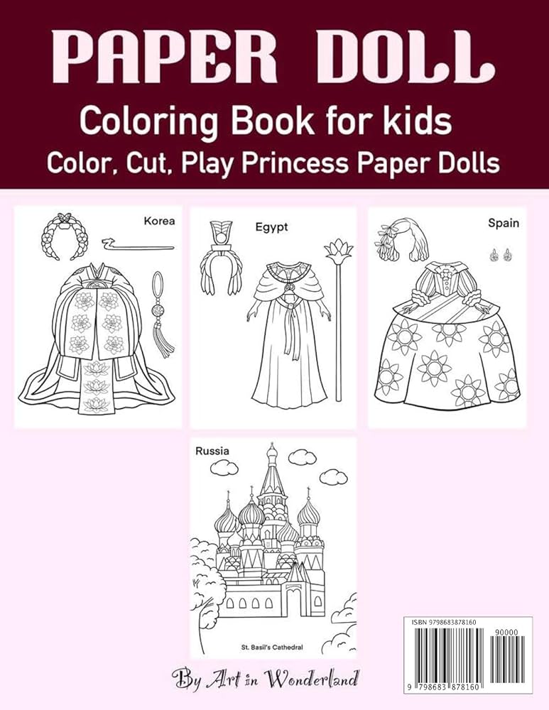 Paper doll color cut play princesses of the world coloring book for kids