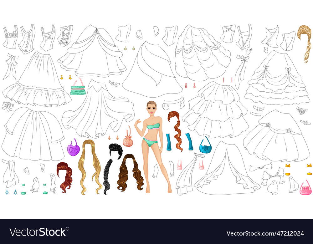 Princess gown coloring page paper doll royalty free vector