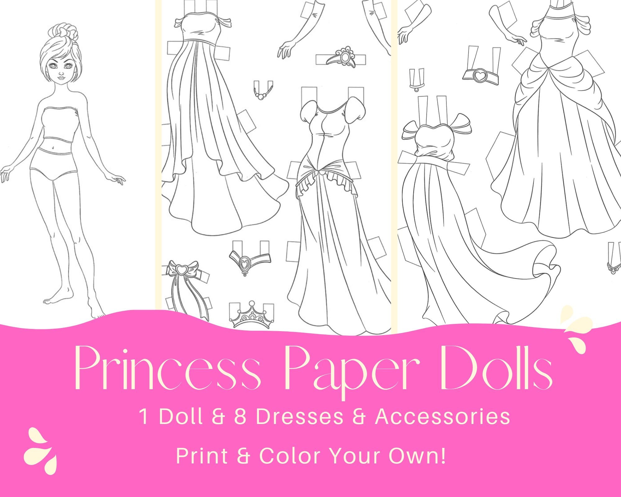 Princess paper dolls road trip project princess party color your own activity dolls to color pretty dresses to color dress coloring page