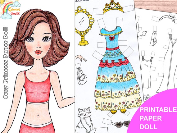 Princess paper doll paper doll printable instant download coloring paper doll paperdoll printable coloring page digital paper doll instant download