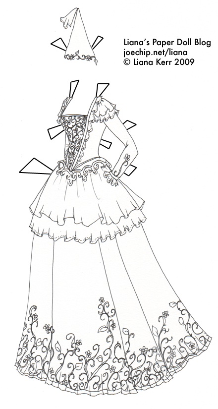 Black and white princess gown for coloring lianas paper dolls