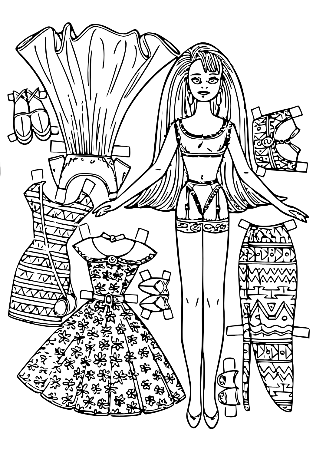 Free printable paper doll fashion coloring page for adults and kids