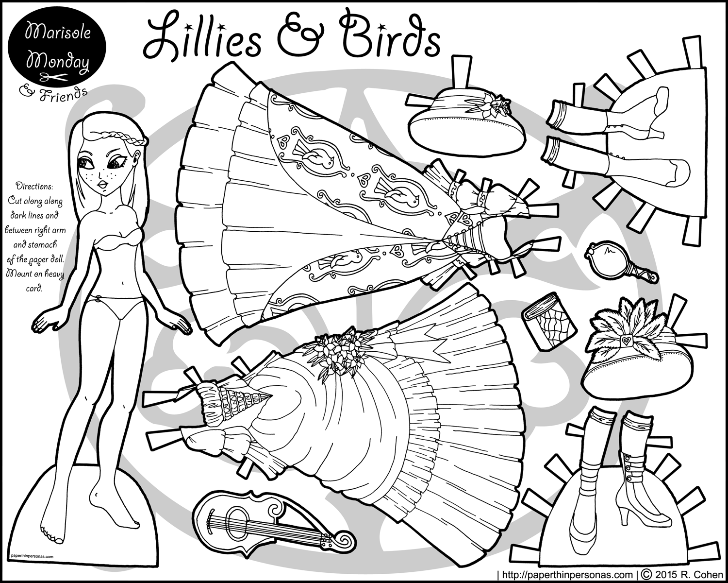 Lillies birds a printable paper doll coloring page â paper thin personas