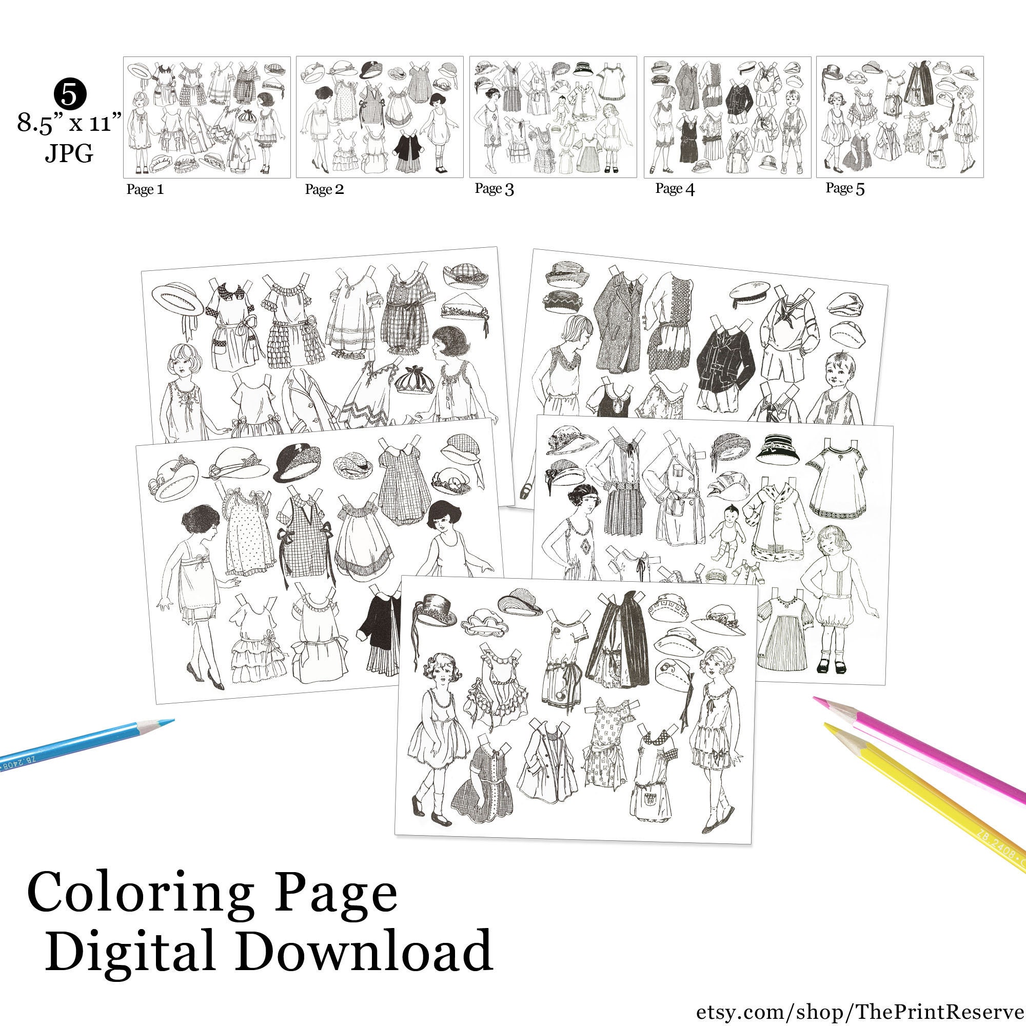 Paper doll coloring pages printable instant digital download