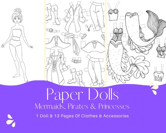 Mega pack paper dolls to color on your own princess paper dolls mermaid pirate paper dolls for road trips montessori coloring page print