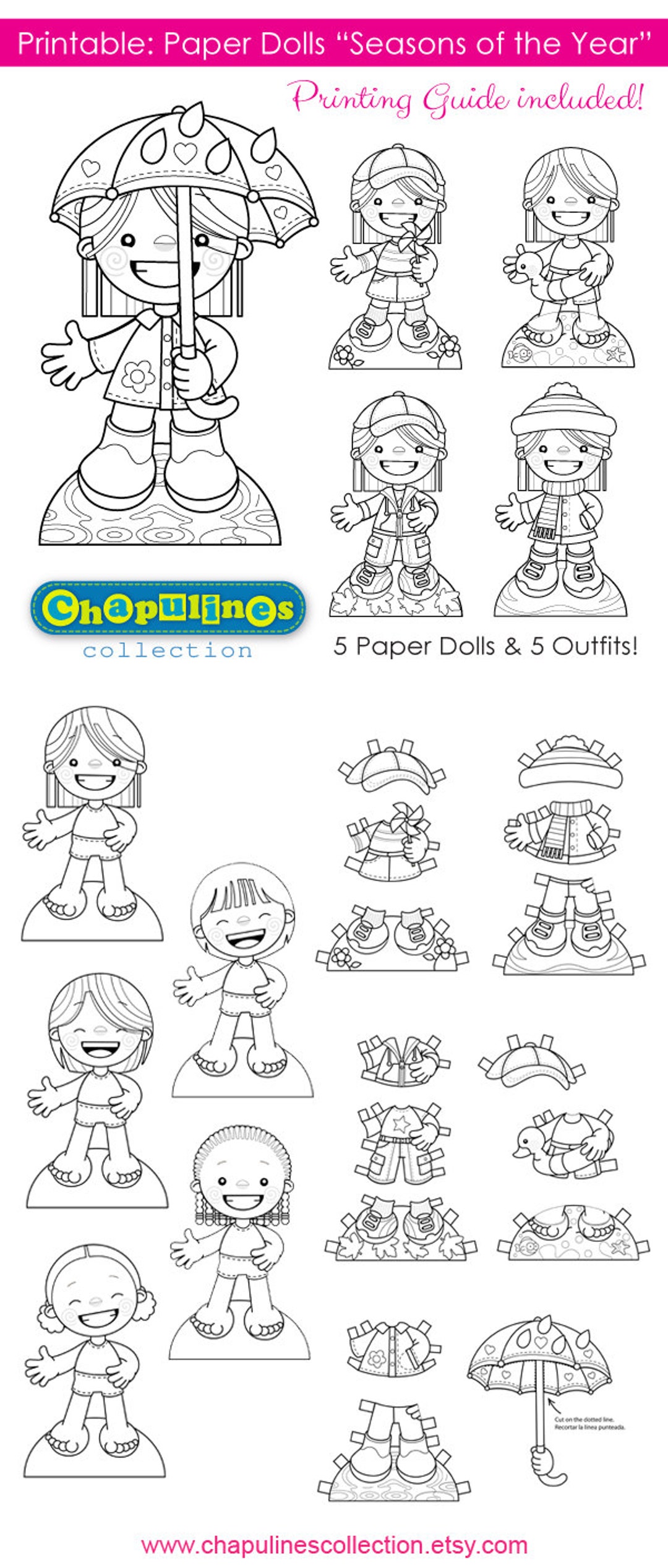 Paper dolls printable seasons of the year girls bw coloring pages set