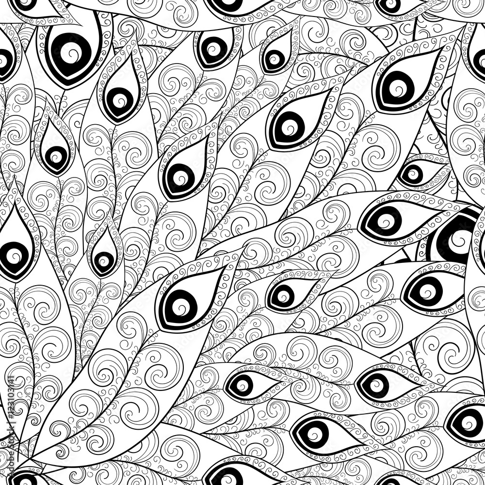 Peacock feather vector seamless monochrome black white decorative pattern with bird feathers design for background wallpaper coloring book wrapping paper or decoration elements vector