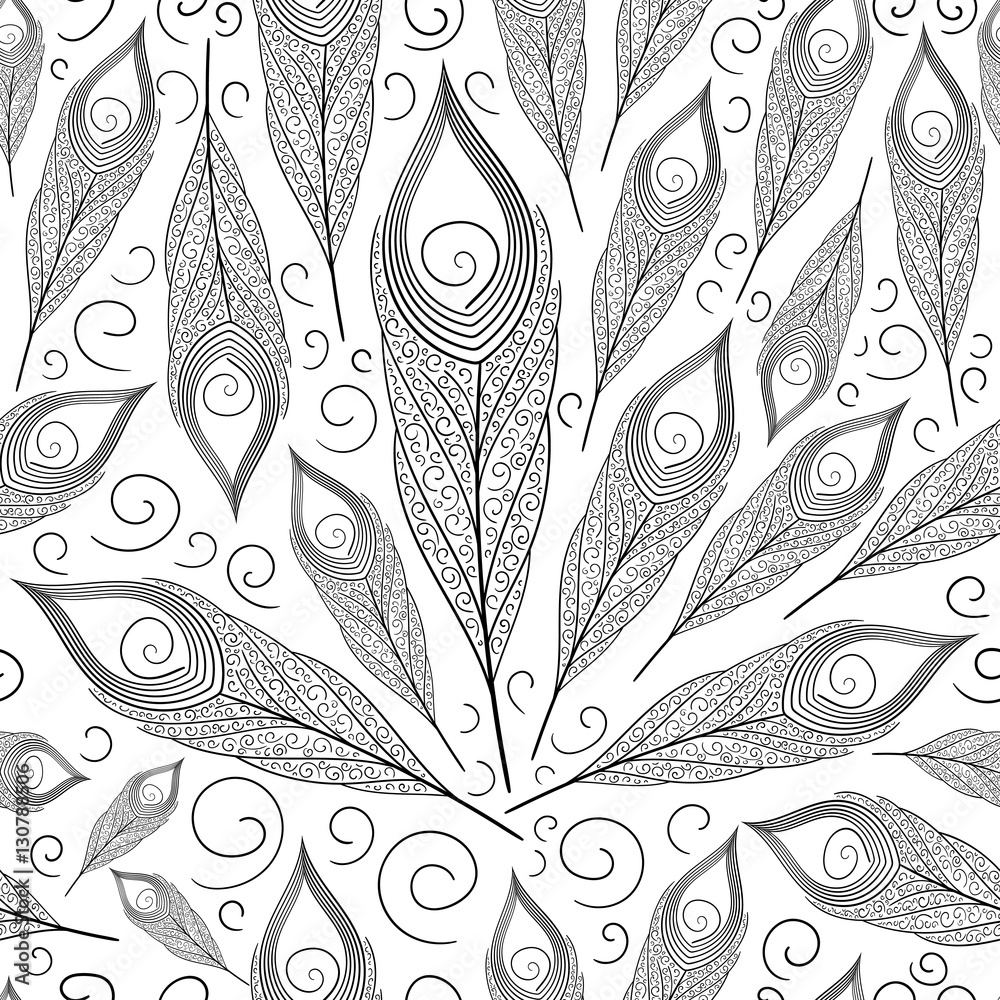 Peacock feather vector seamless black white decorative pattern with bird feathers design for background wallpaper coloring book wrapping paper or decoration elements vector