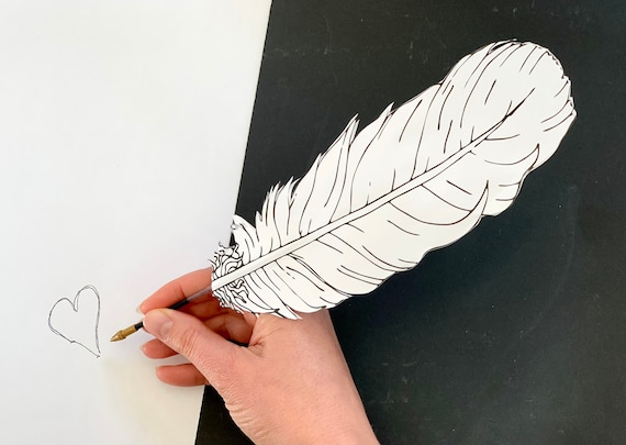 Feather quill pen printable activity sheet a pdf template adult d paper craft teaching resource vegan kids family colouring