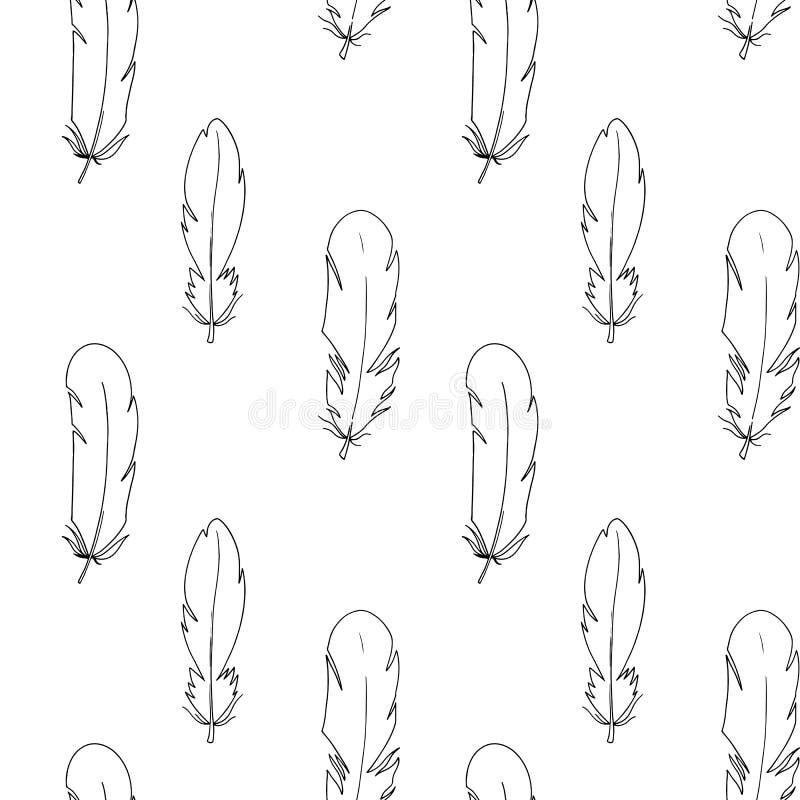 Line cute feathers seamless pattern on a white background digital doodle outline art stock illustration