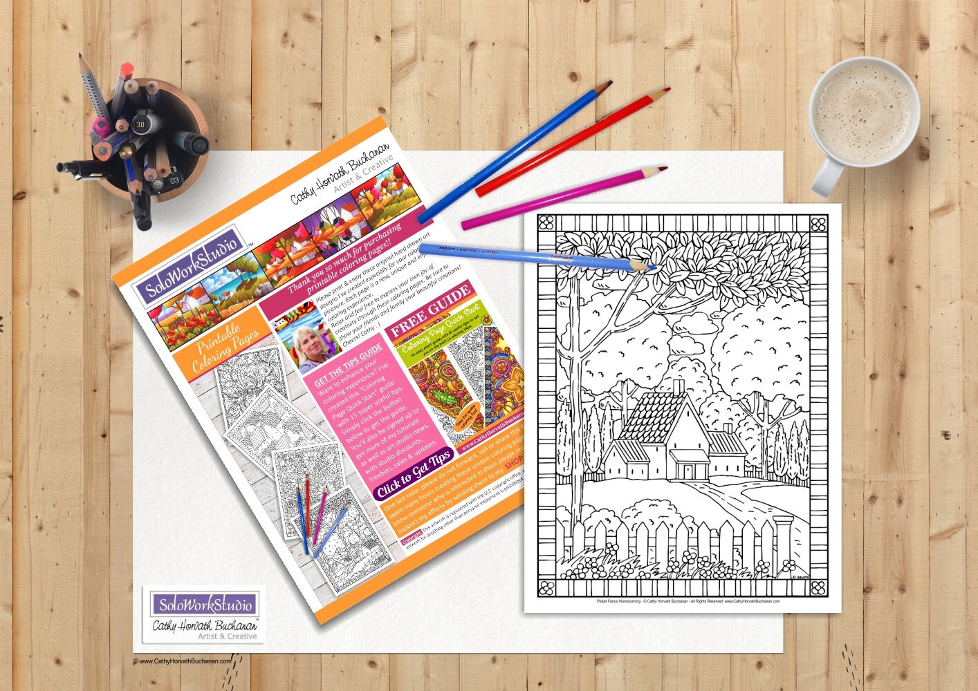 Folk art coloring pack town country landscape views scenic coloring book pdf instant download printable digital illustration artwork