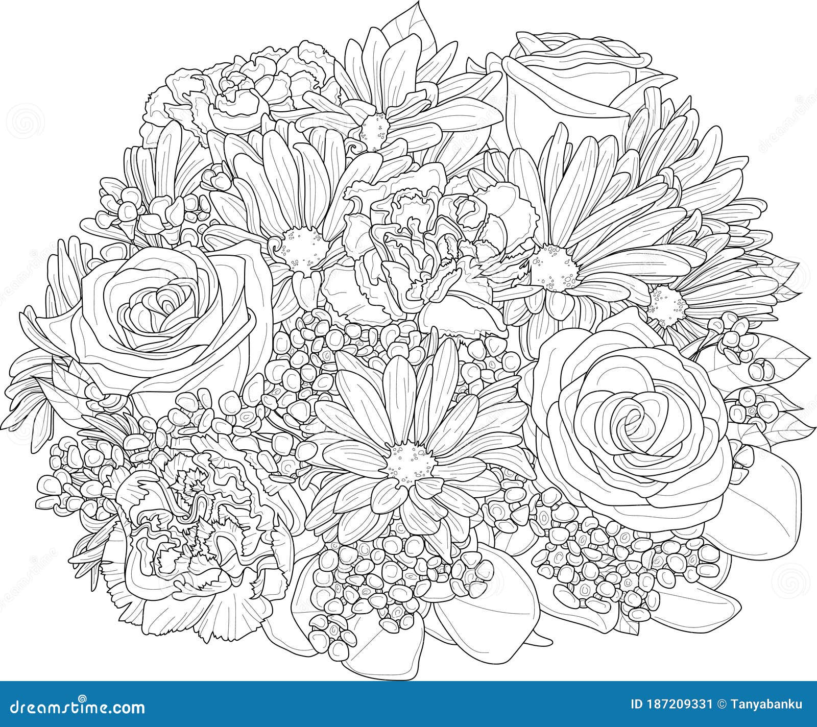 Mix flowers bouquet with roses carnation flowers and gerbera daisy sketch vector illustration in black and white with small flow stock vector