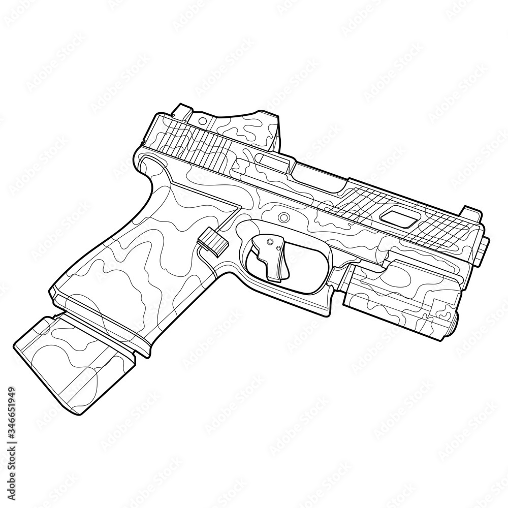 Line art gun flat illustration coloring page for adults cover for notebook modern weapon vector art outline military camouflage styleblack contour sketch isolated on white background vector