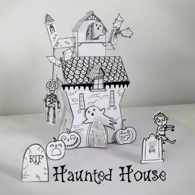 Printable halloween activity sheets paper haunted house colouring sheets digital download arts and crafts for kids home learning activity