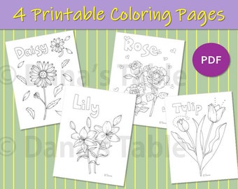 Printable coloring pages floral coloring flowers included rose lily tulip daisy kids coloring botanical coloring