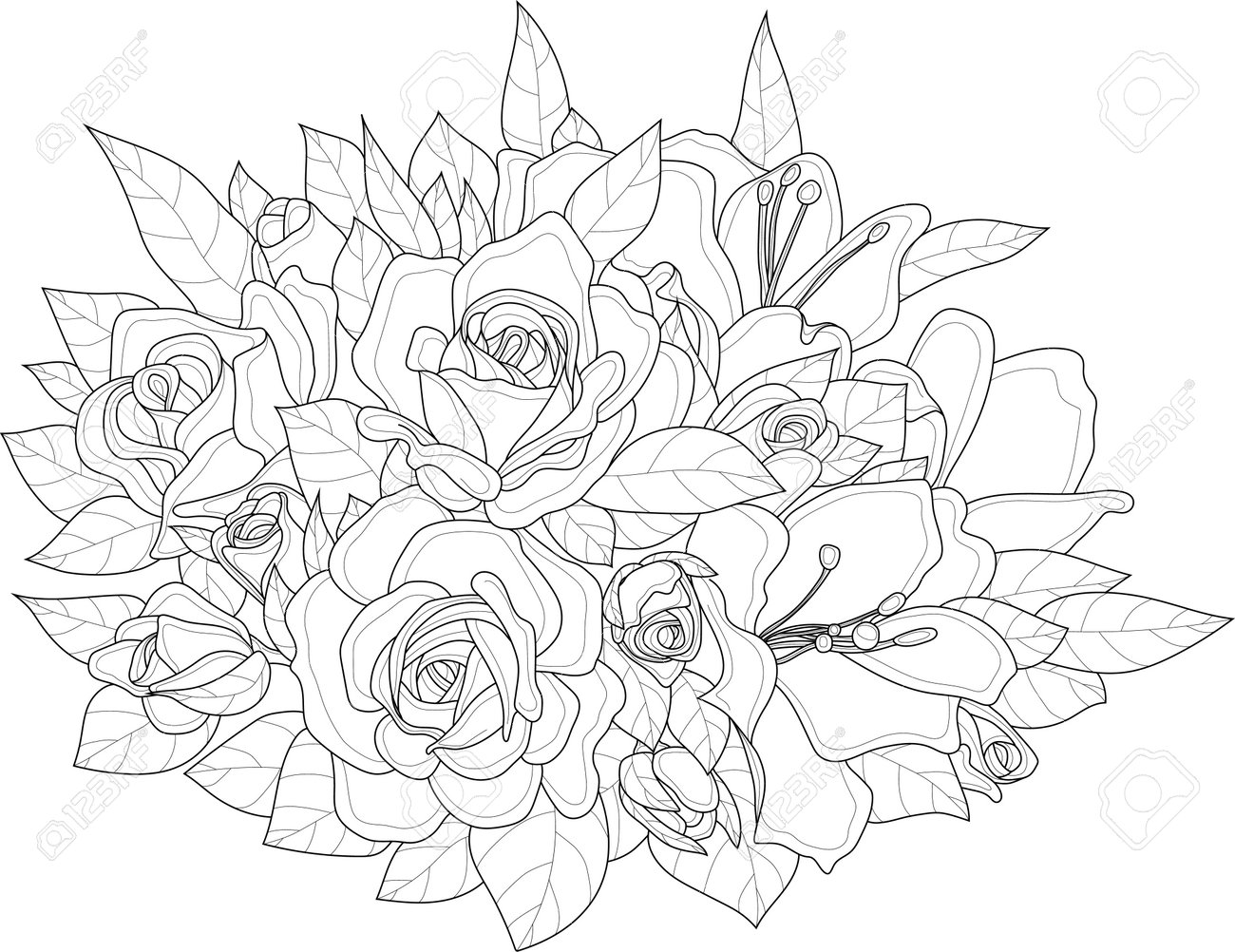 Realistic mix flower bouquet with rose leafs and lily sketch template cartoon vector illustration in black and white for games background pattern decor coloring paper page story book royalty free svg cliparts