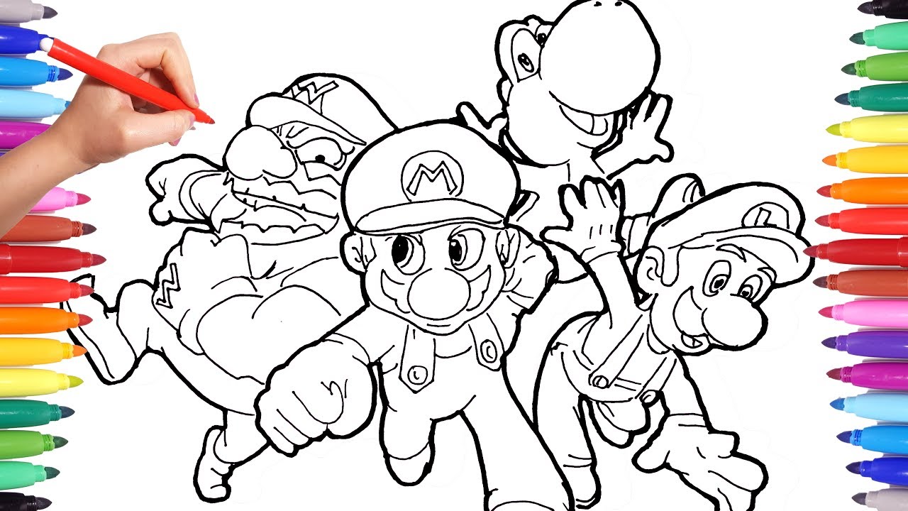 Super ario coloring pages for kids how to draw super ario luigi and yoshi learning video